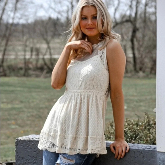 A'Reve Tops - Boho Ivory Lace Sleeveless Top | High Neck Peplum Tank Blouse